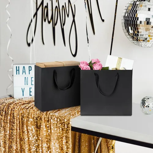 Vista 5 de Ohuimrt 6 bolsas grandes de regalo negras con asas, 12.5 x 4.5 x 11 pulgadas, bolsas de papel negro mate de alta calidad para fiestas, compras