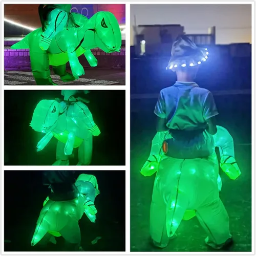Vista 4 de LETSGLOW Disfraz de dinosaurio para niños inflable T-Rex dinosaurio de Halloween con luces LED cosplay para niños