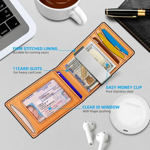 Vista 4 de KEMISANT Billetera para hombre para Airtag o uso estándar, cartera delgada con bolsillo frontal con 11 tarjetas con bloqueo RFID, sin agujeros