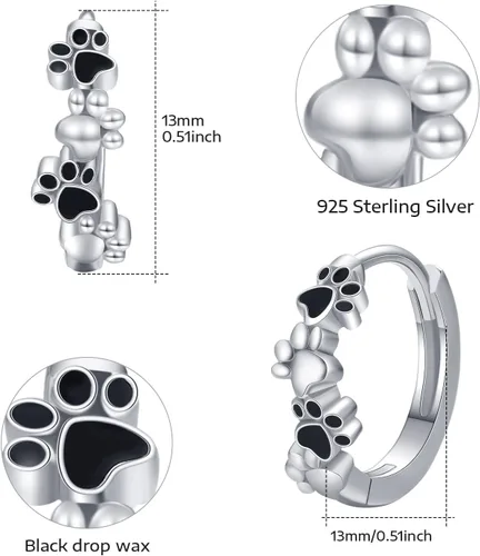 Vista 4 de Aretes de perro para mujer, aretes de aro pequeños de plata de ley con estampado de patas, aretes de aro para cachorros, aretes de pata de gato