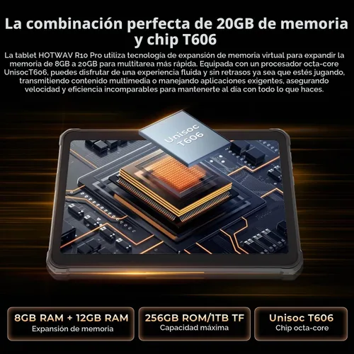 Vista 2 de HOTWAV R10 Pro 2025 Tableta Resistente Android 14 - 10.1 Pulgadas HD+ 10800mAh Tableta Impermeable, 20GB RAM+256GB ROM/1TB TF Tablets para Negro