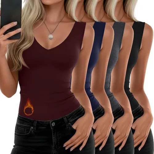 Vista 13 de Paquete de 4 camisetas térmicas sin mangas para mujer, con cuello en V, forro polar, sin mangas, cálido, chaleco de capa base
