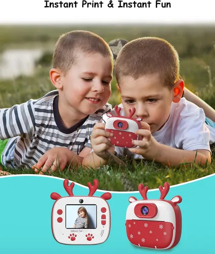Vista 2 de Dragon Touch InstantFun2 - Cámara infantil con doble lente, papel de impresión, calcomanías, bolígrafos y bolsa para niñas y niños (rojo)