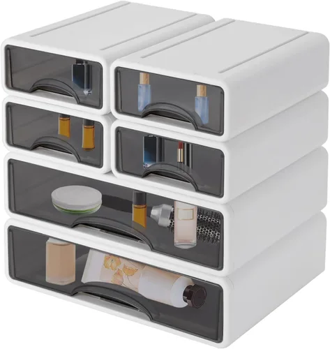 Vista 7 de Caja de almacenamiento apilable de oficina con cajones, caja de almacenamiento de escritorio de oficina con 6 cajones, organizador de cajones