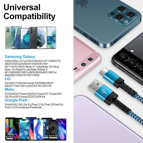 Vista 5 de Cable USB C de carga rápida, paquete de 2 cables tipo C de 3 pies, cable trenzado de teléfono Android para Samsung Galaxy A32 A15 5G A17 A16 A56 A35
