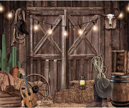 Vista 3 de Telón de fondo occidental para fiesta, decoración de fiesta de vaquero, telón de fondo de granero de 10 x 8 pies, pancarta del salvaje oeste