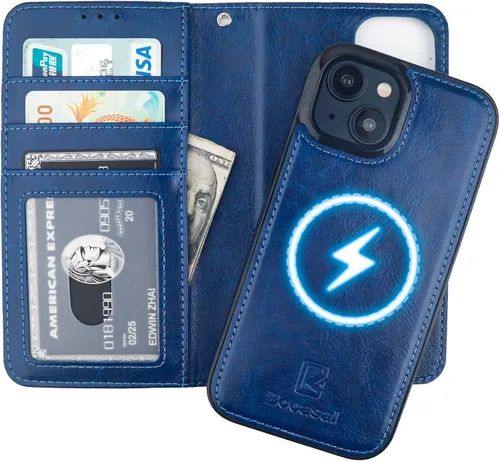 Vista 12 de Bocasal Funda tipo cartera desmontable para iPhone 15 con bloqueo RFID, ranuras para tarjetas, soporte de cuero PU premium, soporte magnético tipo