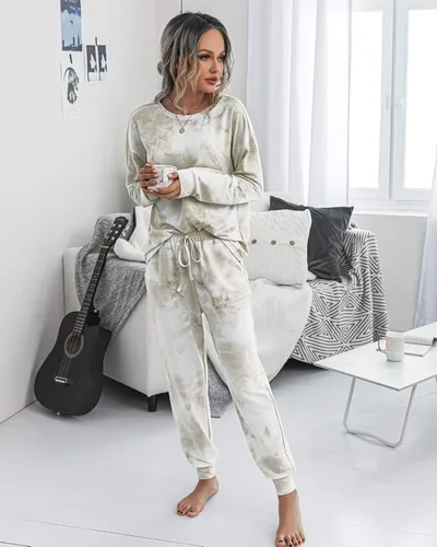 Vista 3 de Prettygarden - Conjunto de pijama para mujer, teñido anudado, de dos piezas, pijama con camiseta de manga larga y pantalón largo, con bolsillos