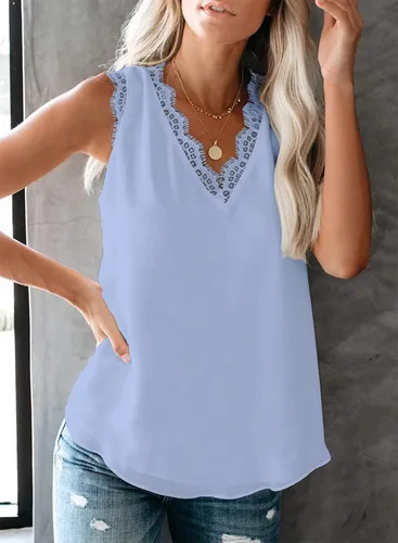 Vista 209 de VIISHOW - Camiseta sin mangas, sexy, con cuello en V y bordes de encaje para mujer, camisola de vestir, camisas de gasa, sin mangas, casuales