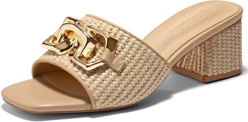 Vista 7 de Coutgo Sandalias de cuña con tacón grueso de rafía para mujer, con punta abierta, cuadradas, con cadena metálica, sin cordones, elegantes