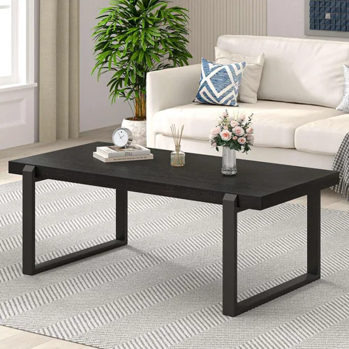 Vista 3 de EXCEFUR - Mesa de café moderna negra, mesa de centro industrial de madera y metal para sala de estar, mesa de té y cóctel rectangular, roble negro