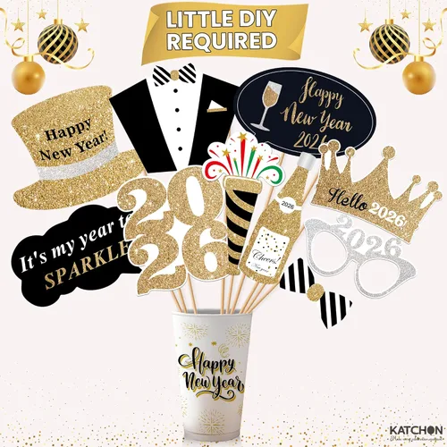Vista 5 de Katchon, Accesorios para cabina de fotos de Año Nuevo con purpurina – Paquete de 35 Accesorios de cabina de fotos NYE para suministros de fiesta