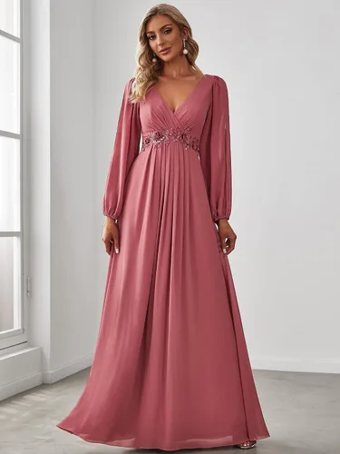 Vista 3 de Ever-Pretty Women's V Neck Long Sleeves Floor Length Ruched Chiffon Formal Dress 00461
