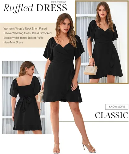 Vista 5 de Dokotoo Vestido corto cruzado con cuello en V para mujer, manga corta, acampanada, cintura elástica, escalonada, dobladillo con volantes y cinturón