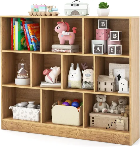 Vista 13 de HONEY JOY Organizador de almacenamiento de juguetes para niños, gabinete de almacenamiento de madera de 7 secciones, baúl de juguetes de guardería