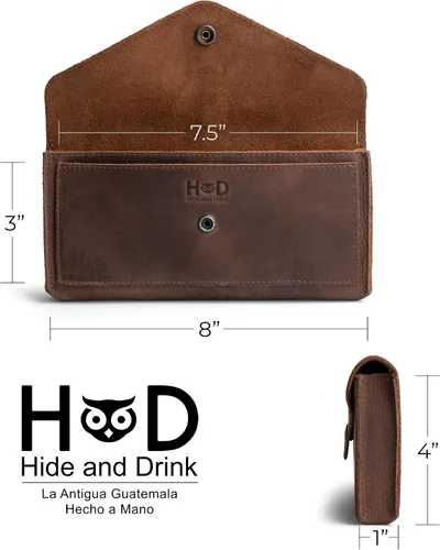 Vista 4 de Hide & Drink, Cartera grande de cuero para mujer, organizador de dinero, billetes planos, bolsa, estuche, elegante, hecho a mano, Bourbon Marrón