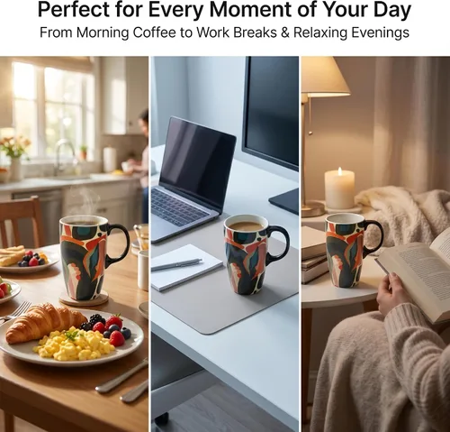 Vista 3 de Topadorn Taza de Café de Cerámica Taza de Viaje Regalo con Tapa 17oz., Taza de Té Alta de Porcelana con Asa para Casa y Oficina, Taza