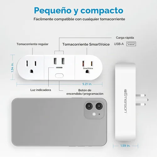 Vista 5 de Emerson SmartVoice - Enchufe de pared 4 en 1, tomacorriente inteligente controlado por voz con 2 salidas de CA y 2 puertos USB-A, sin WiFi, sin