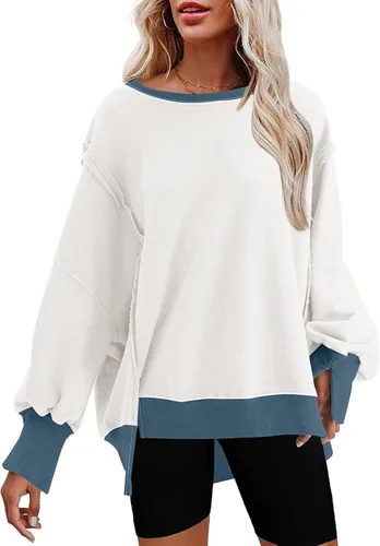 Vista 25 de SHEWIN Sudadera casual de gran tamaño de manga larga con costuras inversas y cuello redondo para mujer Un negro
