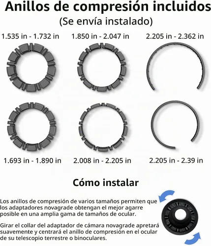 Vista 5 de El adaptador universal para digiscoping de doble agarre conecta todos los teléfonos inteligentes a prismáticos, telescopios de visión, telescopios