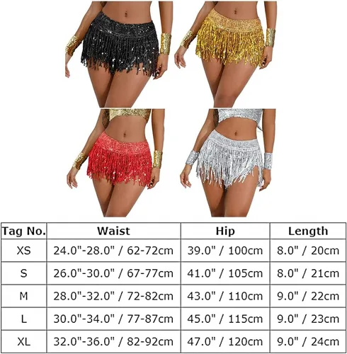 Vista 3 de IWEMEK Falda de cadera para danza del vientre, faldas con borlas de lentejuelas, pantalones cortos para festivales de baile, falda de lentejuelas
