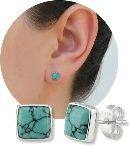 Vista 8 de Sterling Silver Turquoise & Black Onyx Stone Small Stud Earrings, Handmade Minimalist Style Lightweight Comfortable Fit Everyday Wear