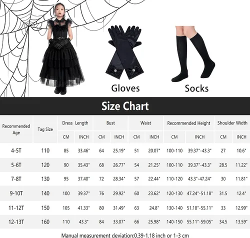 Vista 7 de KLFFLGID Wednesday Addams - Vestido de Halloween para niñas con guantes, cinturón y calcetines, traje de cosplay de la familia Addams