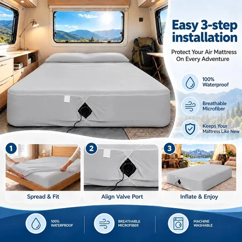 Vista 6 de Sábana bajera tamaño matrimonial para colchón de aire, protector de colchón de aire impermeable con bolsillo profundo de 7 a 15 pulgadas, para cama
