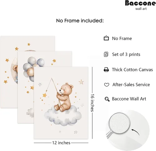 Vista 2 de Baccone Arte de pared para habitación de guardería con oso de peluche, póster para habitación de bebé niño o niña, decoración de pared de guardería