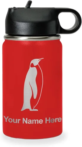 Vista 12 de LaserGram Botella de agua personalizada, pingüino, acero inoxidable de doble pared aislada al vacío con popote superior, regalo grabado