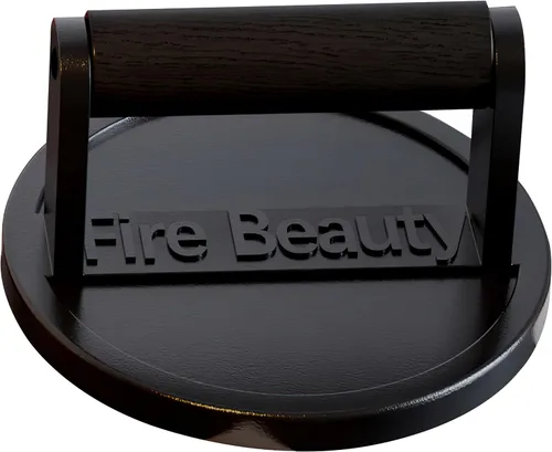 Vista 11 de Fire Beauty Prensa de hamburguesa de hierro fundido con mango de madera para parrilla de plancha Color de madera+superficie esmaltada