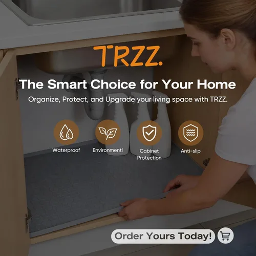 Vista 8 de TRZZ Tapete de silicona impermeable para debajo del fregadero de 34 x 22 pulgadas, bandeja de goteo y forro de gabinete para cocina y baño, evita