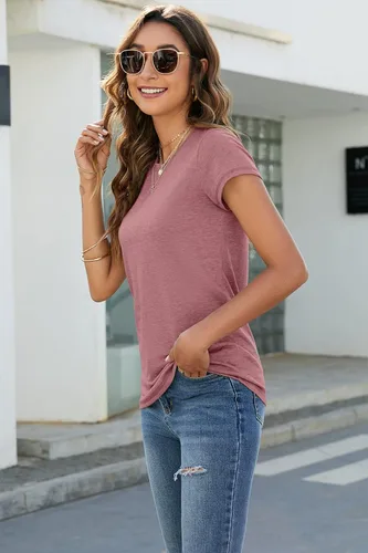 Vista 3 de Sherosa Camisetas básicas de manga corta con cuello redondo para mujer
