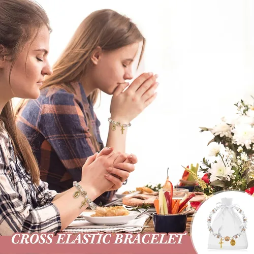 Vista 6 de Taiyin Rosary Bracelet Bulk with Mesh Bags, White Religious Rosary Bead Bracelet Catholic Bracelets, Baptism First Communion Gifts for Women