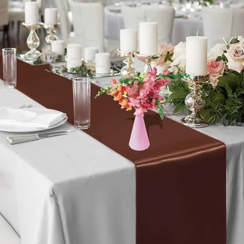 Vista 4 de Juego de 10 caminos de mesa satinados color marrón chocolate de 12 x 108 pulgadas de largo Premium Satin Table Runner, Smooth Silk Fabric