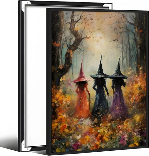 Vista 39 de Arte de pared vintage de Halloween embrujado de granja, parche de calabaza rústica con bonitos fantasmas, póster impreso en lienzo espeluznante