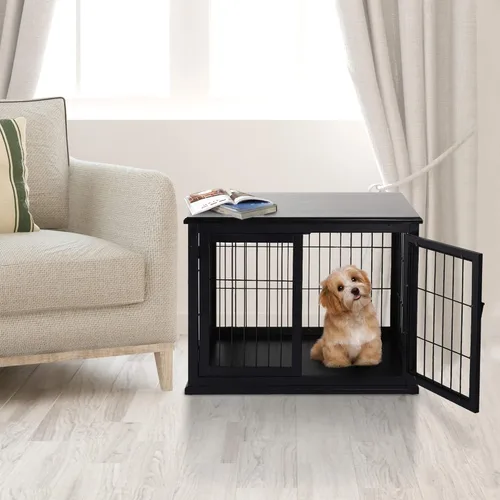 Vista 2 de PawHut Muebles de jaula para perros, mesa auxiliar de jaula para perros pequeños con dos lados de apertura, puerta con cerradura, perrera