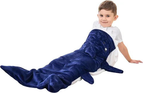 Vista 6 de Softan Manta de tiburón para niños, franela suave, juguetes para niños, manta de forro polar con cola de tiburón, azul oscuro, cálida y suave