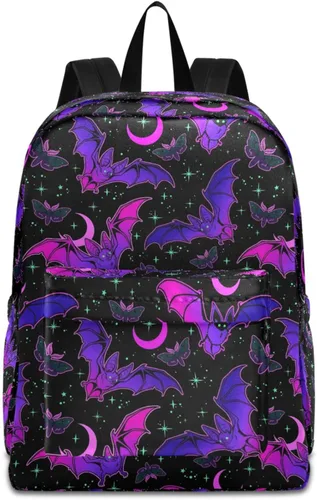 Vista 17 de MNSRUU Mochila para estudiantes para la escuela, Halloween, mochila luminosa de murciélagos para laptop, mochila estética para niñas, niños, mochila