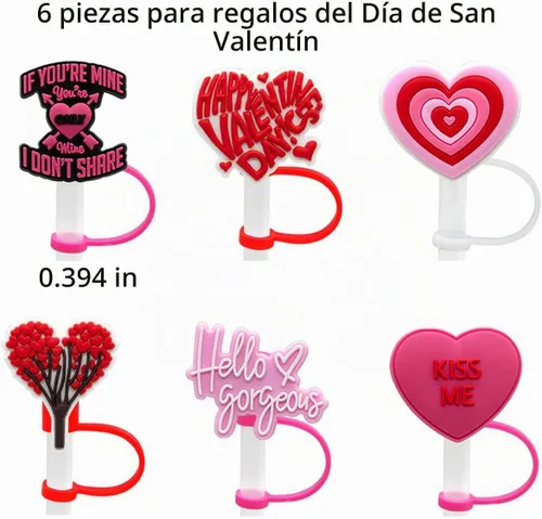 Vista 7 de 6 fundas para pajilla, 6 unidades, con diseño de corazón de silicona, para vasos con asa, protector de tapones a prueba de polvo, reutilizables
