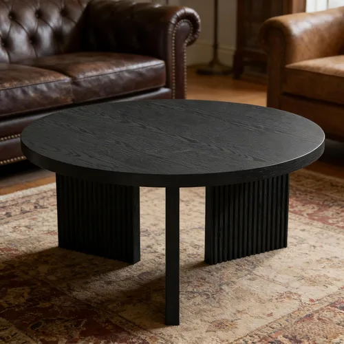 Vista 4 de Mesa de centro redonda de madera, mesa de centro de 35 pulgadas con mesa gruesa y lisa, mesa central de círculo bajo con patas estables