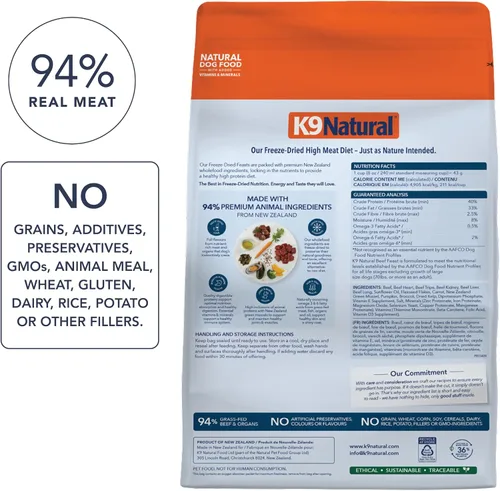 Vista 2 de K9 Natural Carne Liofilizada para Perros, Comida Completa Natural de Alta Carne o Aditivo para Comida para Perros, Carne Alimentada con Pasto