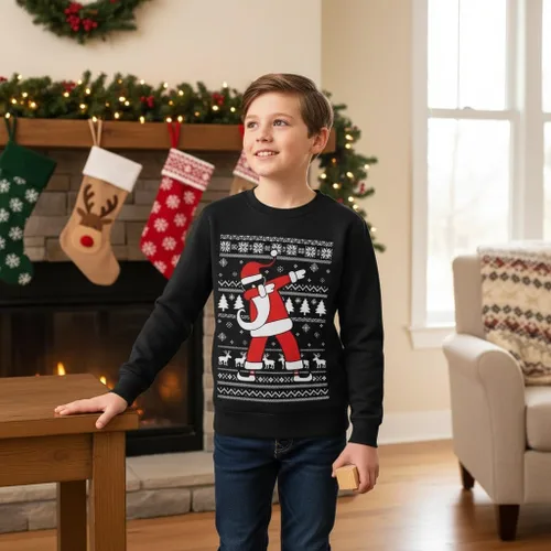 Vista 2 de Tstars Dabbing Santa Kids Christmas Sweatshirt Boy Youth Ugly Holiday Dab / Negro