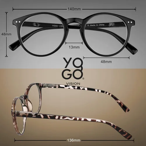 Vista 6 de Yogo Vision Gafas de lectura para mujeres y hombres, lentes de lectura con bloqueo de luz azul, redondos, color negro, cristal, gris leapord, marrón