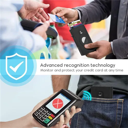 Vista 4 de Fermido Billetera delgada para AirTag de piel auténtica RFID, tarjetero desplegable automático, diseño delgado, accesorio multiusos para funda
