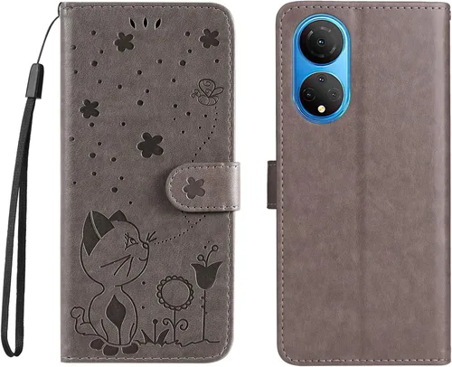 Vista 8 de Funda para Honor X7, diseño de estampado de gato y abejas de cuero de primera calidad, con función atril y cierre magnético