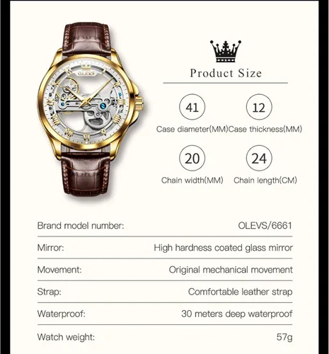 Vista 6 de OLEVS Relojes mecánicos automáticos para hombre, reloj esqueleto, impermeable, correa de cuero marrón, negro, oro rosa, relojes de pulsera