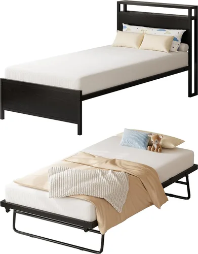 Vista 7 de IRONCK Twin Daybed with Trundle Bed & Storage Headboard & Charging Station Sturdy Metal Twin Bed Frame, Space-Saving Pop Up Trundle Bed for
