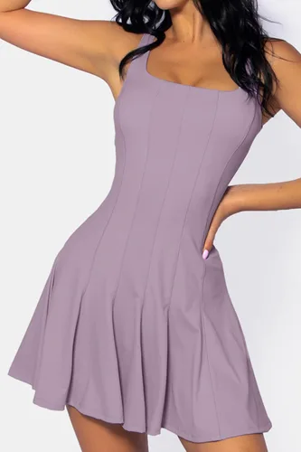 Vista 4 de QINSEN Vestido de tenis sin mangas para mujer con pantalones cortos, cuello cuadrado, acanalado, plisado, vestidos atléticos