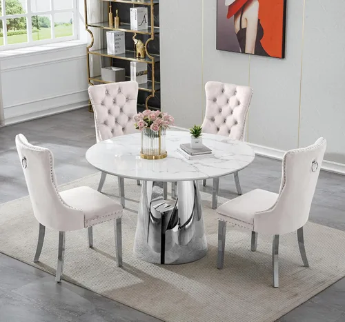 Vista 59 de Juego de 5 mesas de comedor, juego de mesa de cocina y comedor para 4, mesa de cocina rectangular de mármol sintético blanco de 47 pulgadas con base